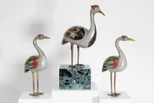 Three cloisonné cranes,