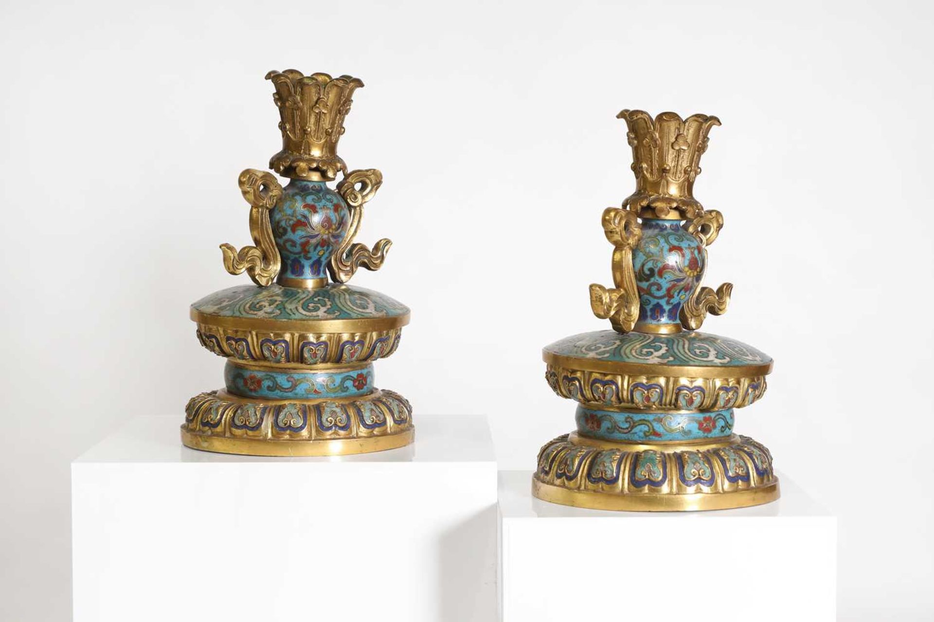 A pair of gilt-metal-mounted cloisonné candlesticks, - Image 5 of 29
