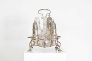 A George II silver and cut-glass cruet set,