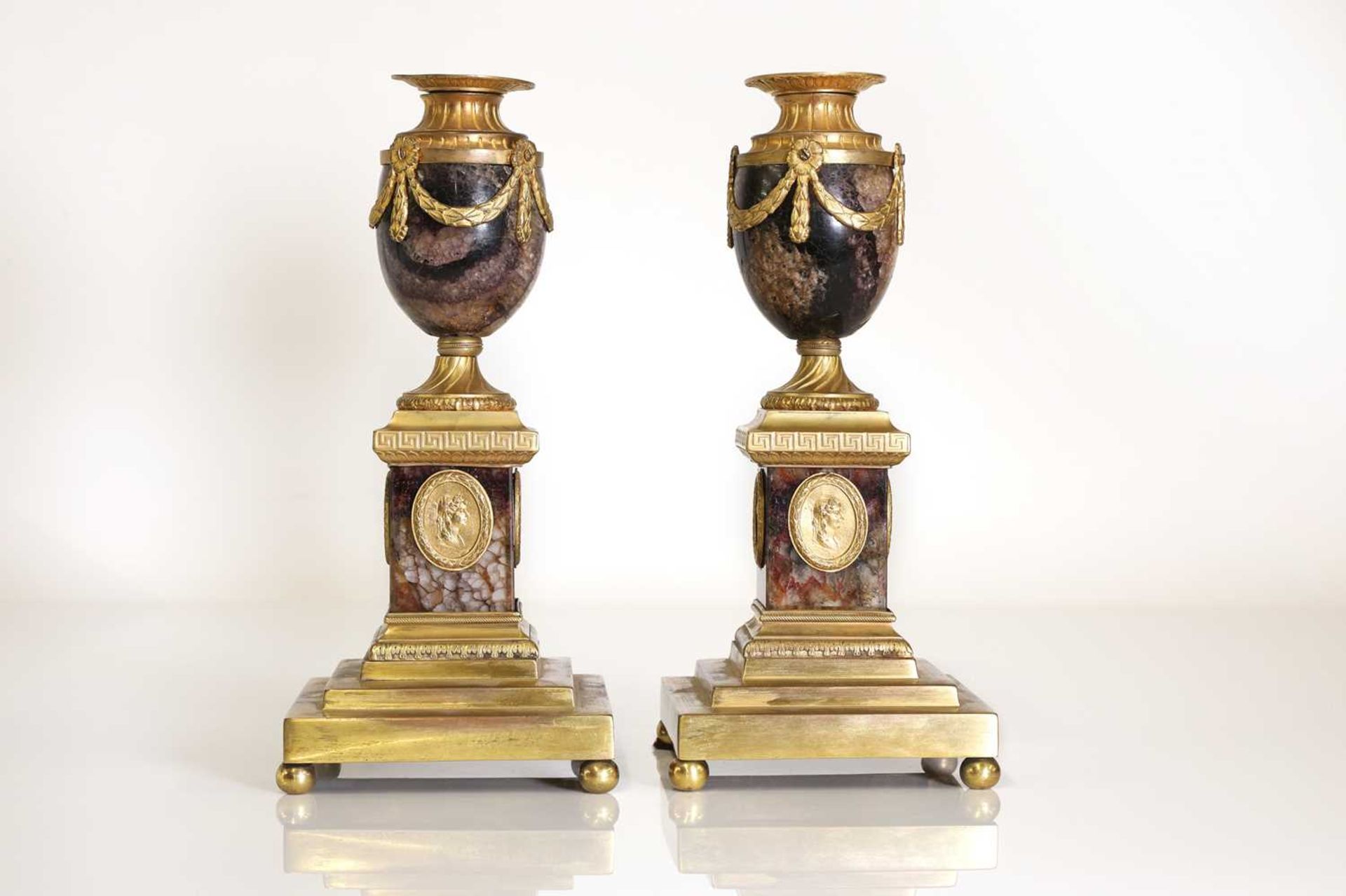 A pair of George III Derbyshire Blue John and ormolu 'Cleopatra' candle vases, - Image 4 of 101