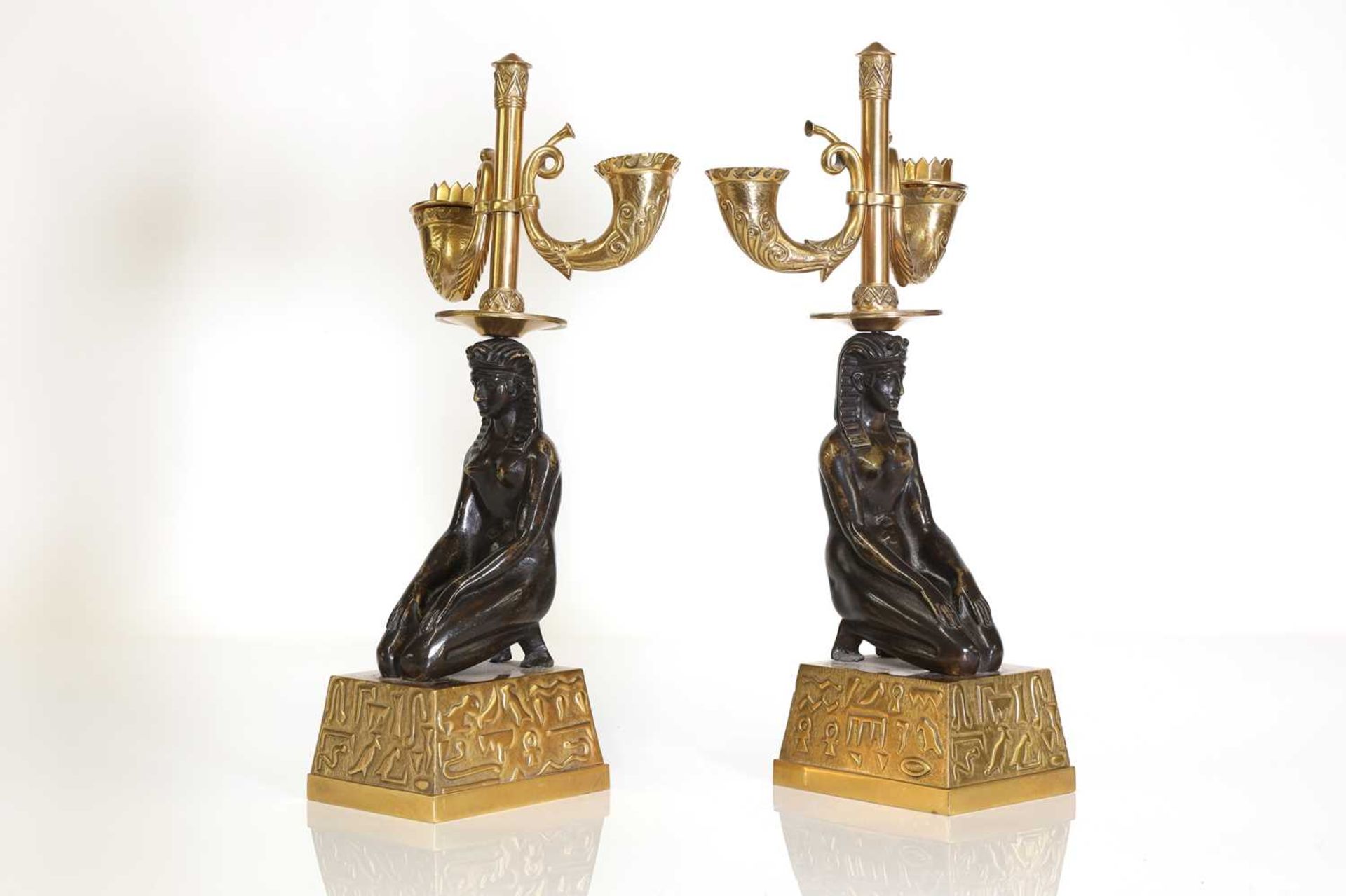 A pair of Empire-style gilt and patinated bronze candelabra, - Image 5 of 13