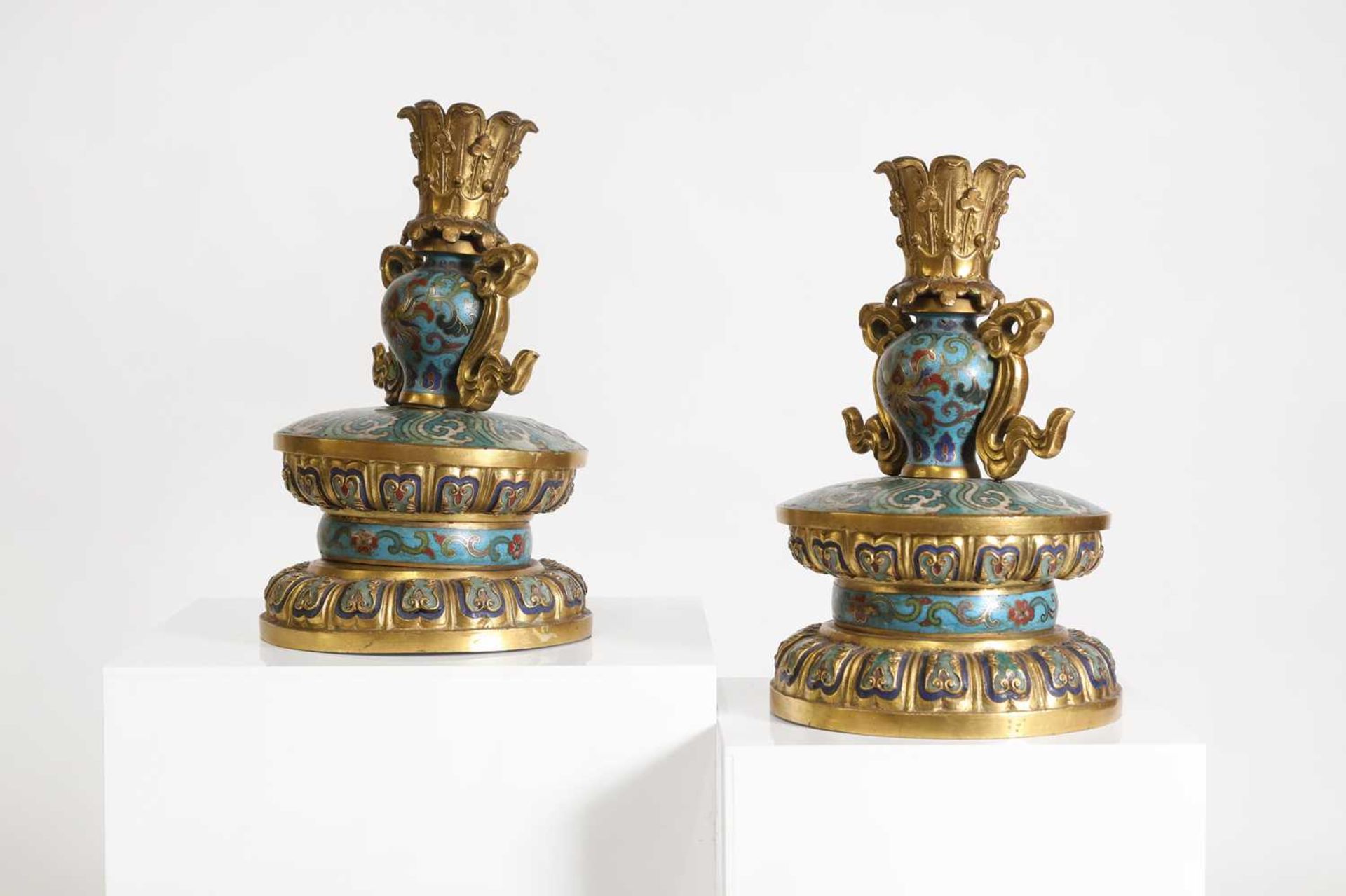 A pair of gilt-metal-mounted cloisonné candlesticks, - Image 4 of 29