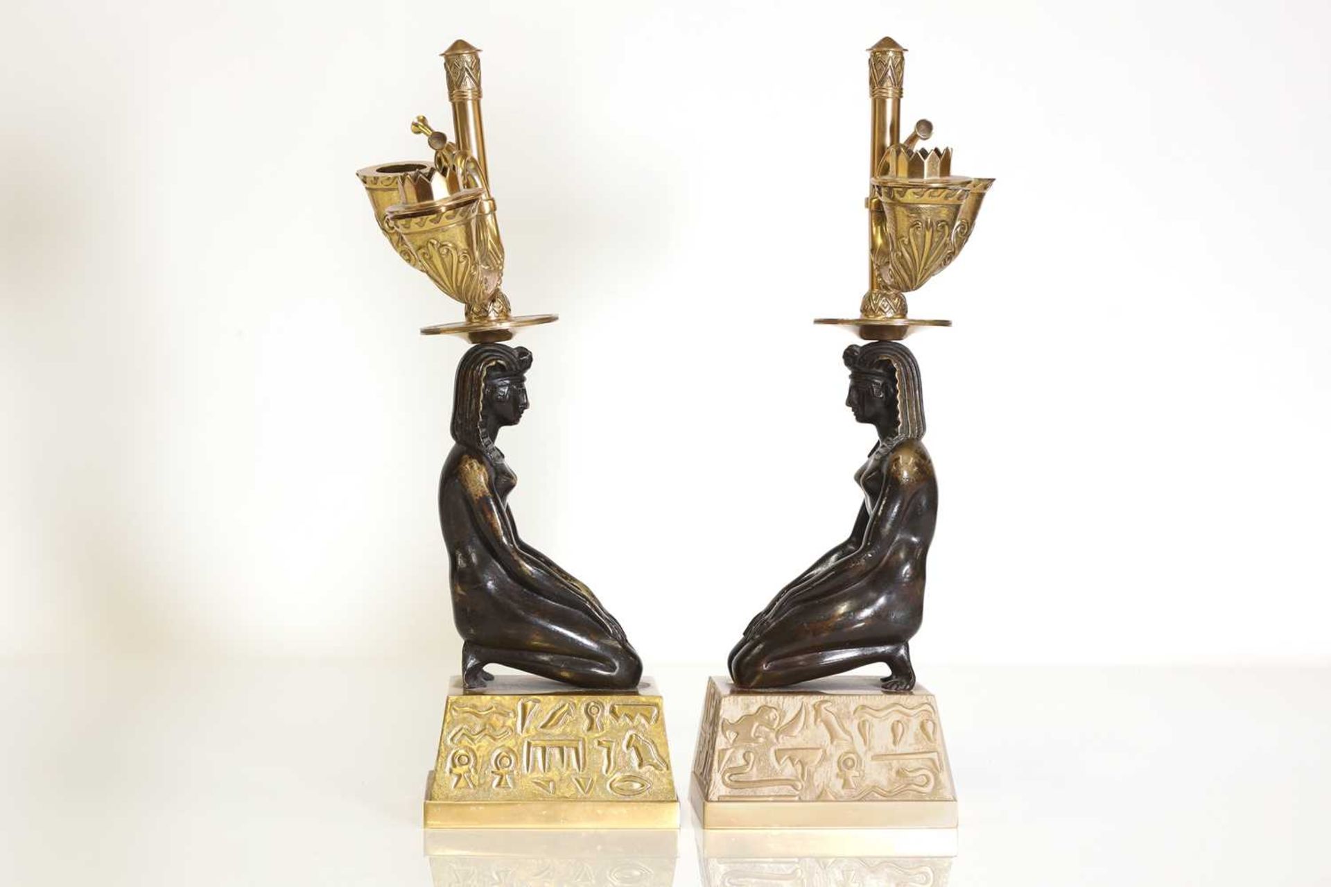 A pair of Empire-style gilt and patinated bronze candelabra, - Image 4 of 13