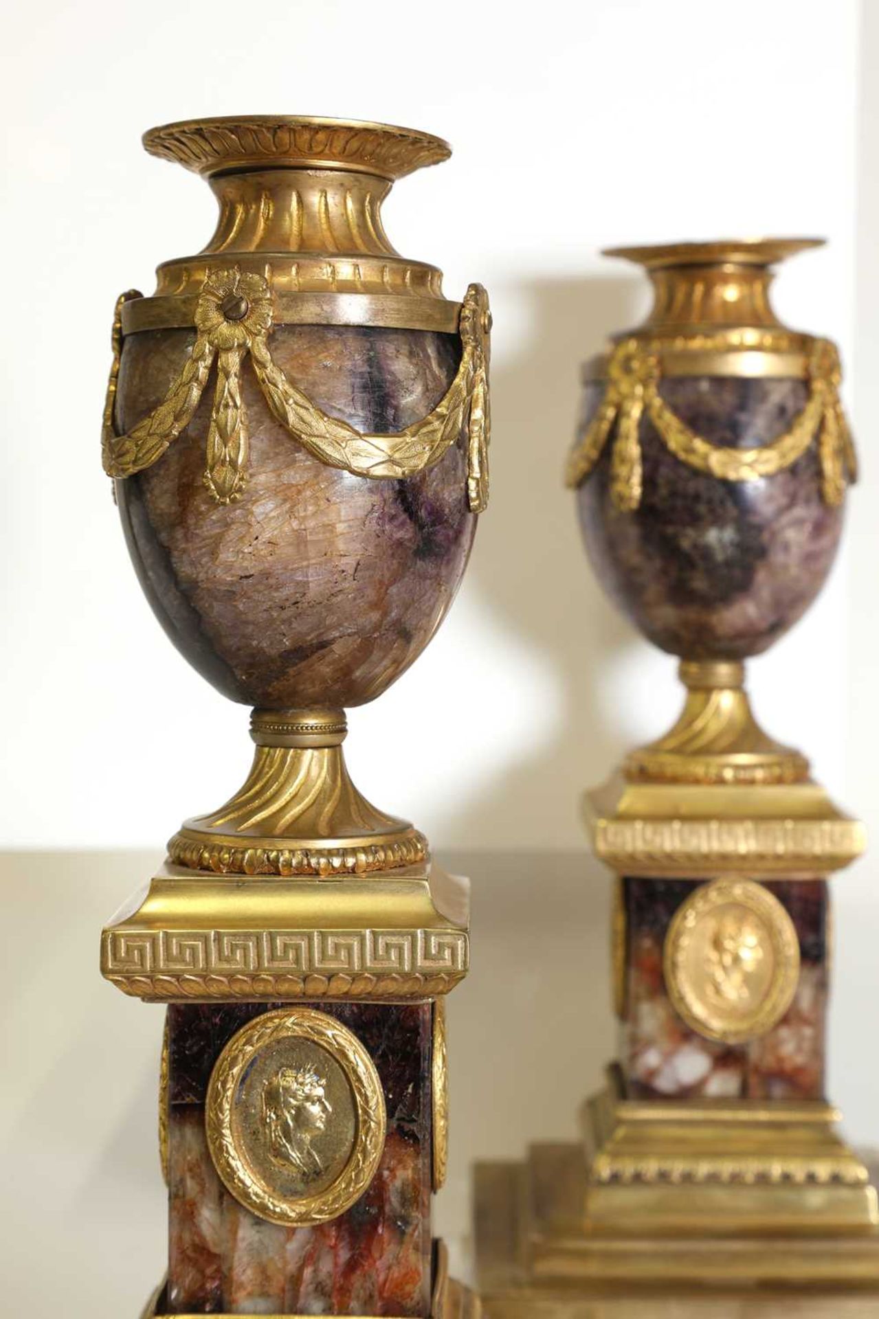 A pair of George III Derbyshire Blue John and ormolu 'Cleopatra' candle vases, - Image 15 of 101