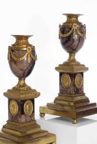 A pair of George III Derbyshire Blue John and ormolu 'Cleopatra' candle vases,