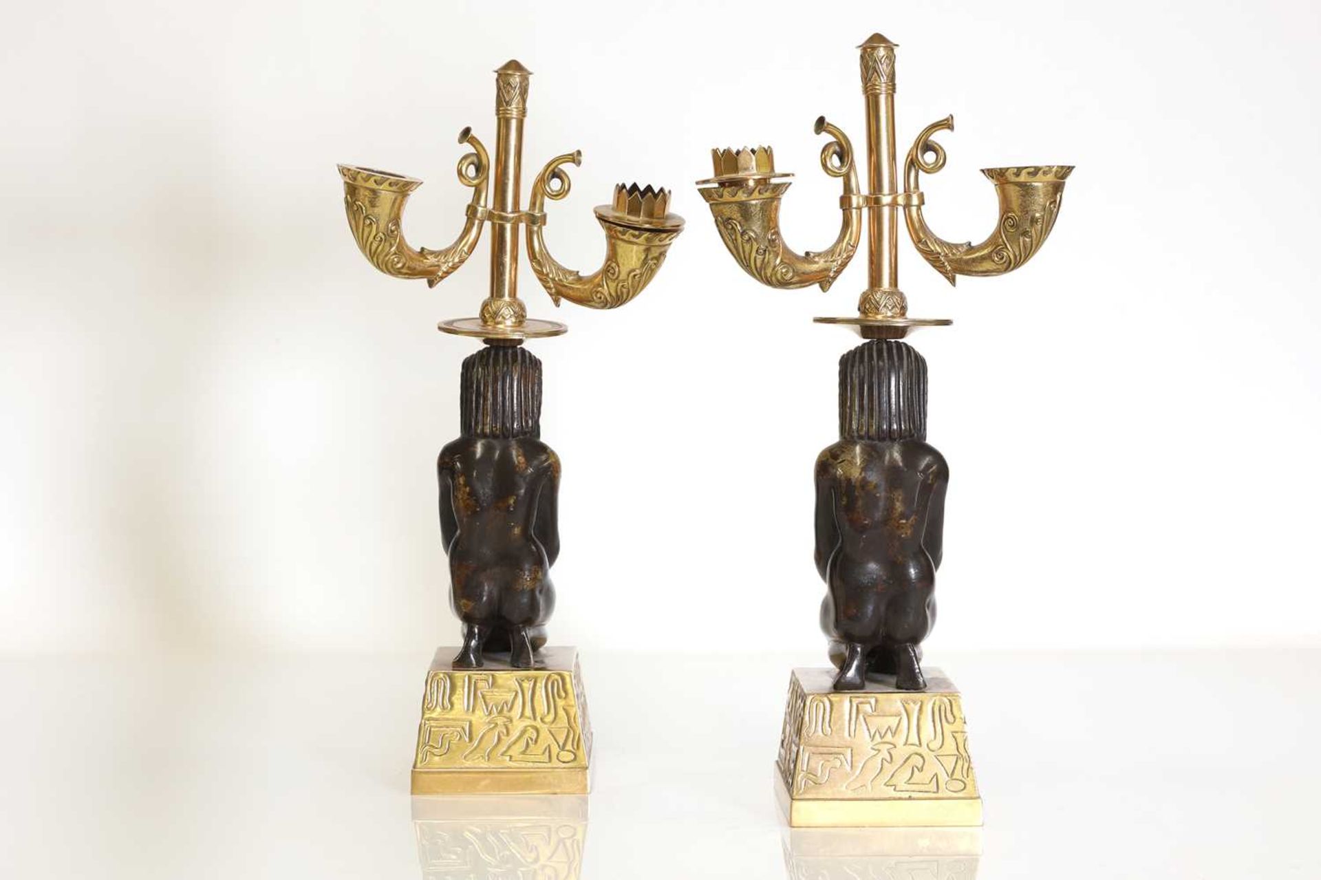 A pair of Empire-style gilt and patinated bronze candelabra, - Image 7 of 13