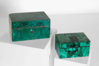 Two malachite veneered jewellery boxes or caskets,