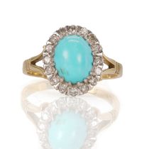 An 18ct gold turquoise and diamond set oval ring,