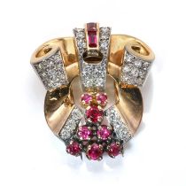 A gold diamond and synthetic ruby set single clip brooch,