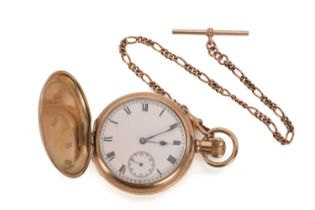 A rolled gold side wind hunter pocket watch and a 9ct gold Albert chain,