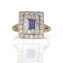 An Art Deco style sapphire and diamond set square ring,