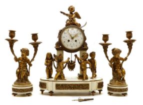 A Louis XVI style ormolu mounted marble clock garniture