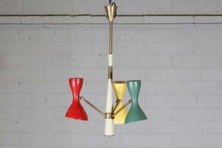 An Italian brass and enamel three-lamp ceiling light,