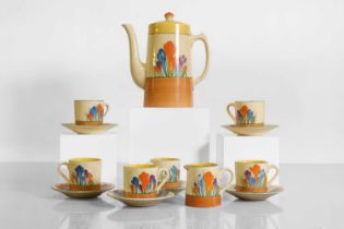 A Clarice Cliff 'Crocus' tankard coffee set,