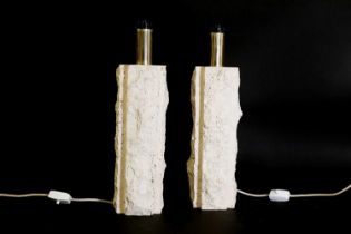 A pair of brutalist travertine marble table lamps,