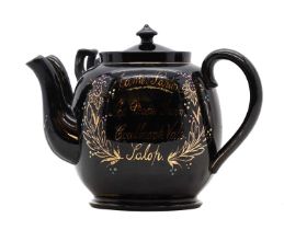 A Jackfield Pottery three spout teapot