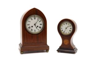 Two Edwardian mahogany inlaid mantle clocks,