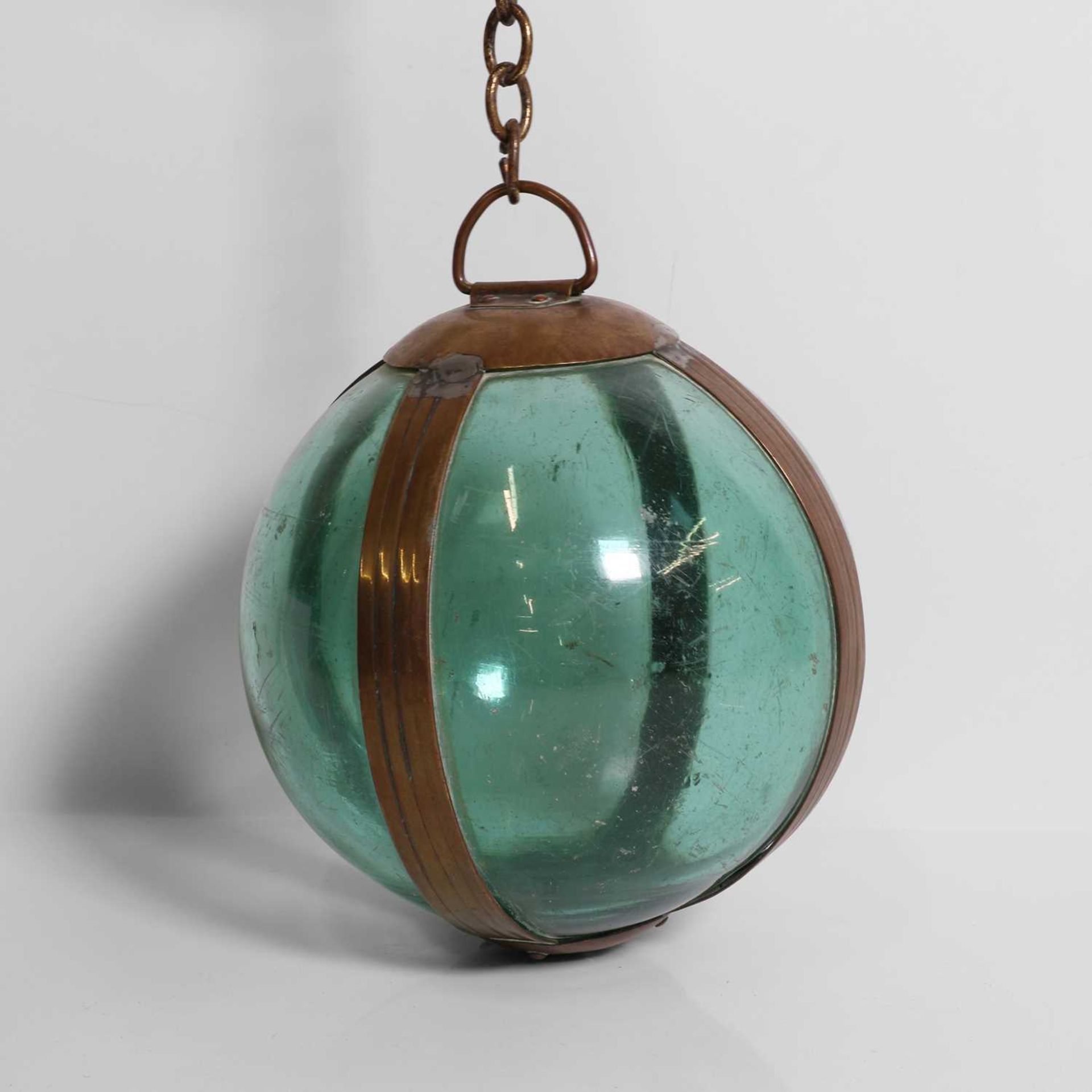 A brass-mounted pale-green glass buoy or fishing float, - Image 4 of 7