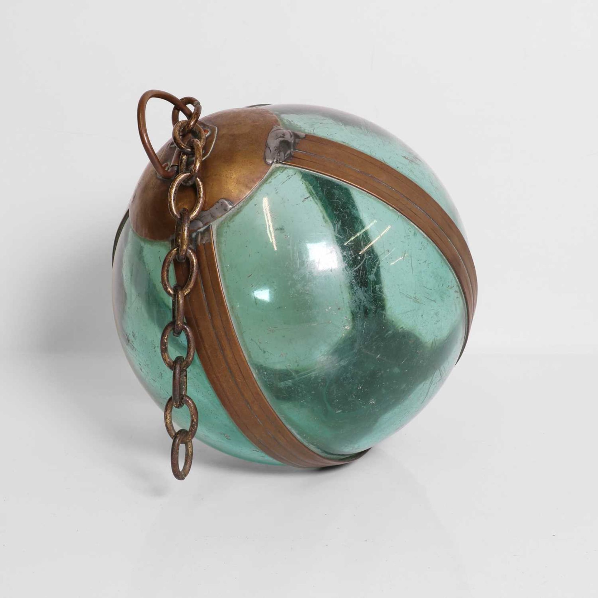 A brass-mounted pale-green glass buoy or fishing float, - Image 2 of 7
