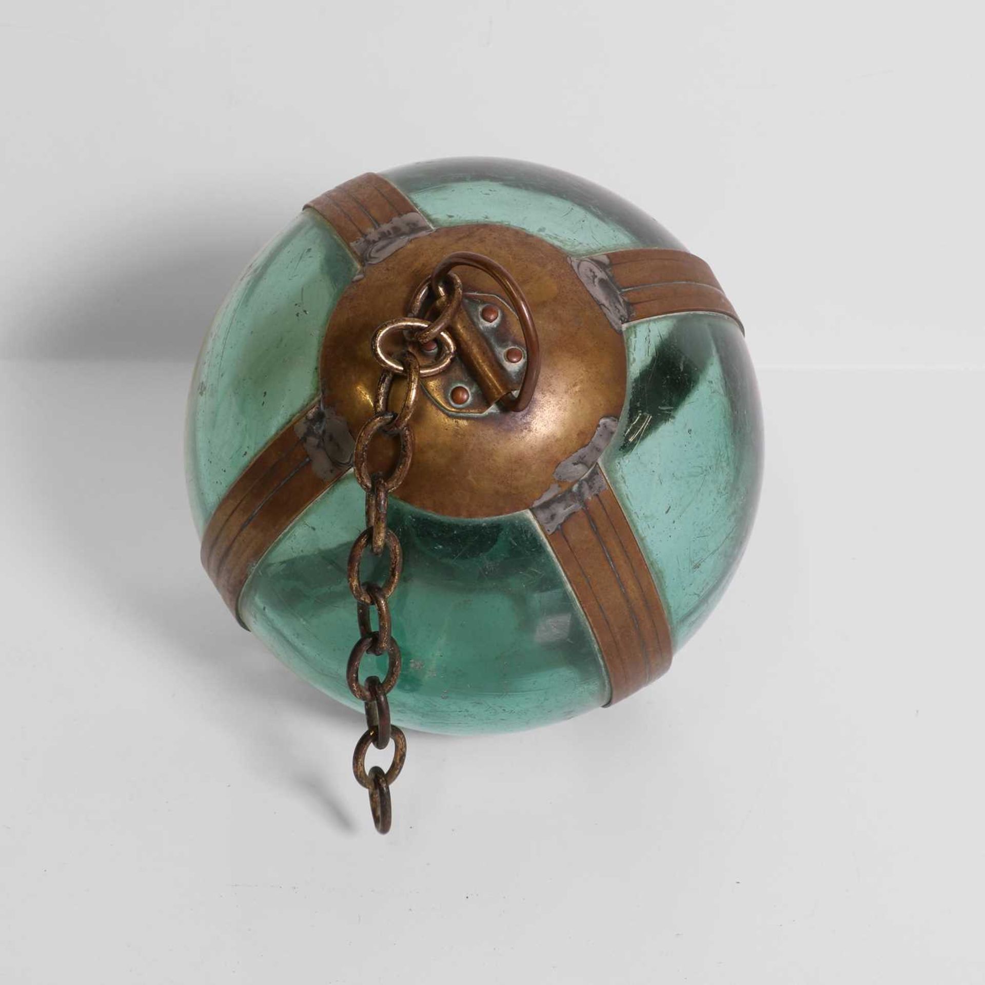 A brass-mounted pale-green glass buoy or fishing float, - Image 6 of 7