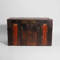 A painted elm and iron-bound trunk,
