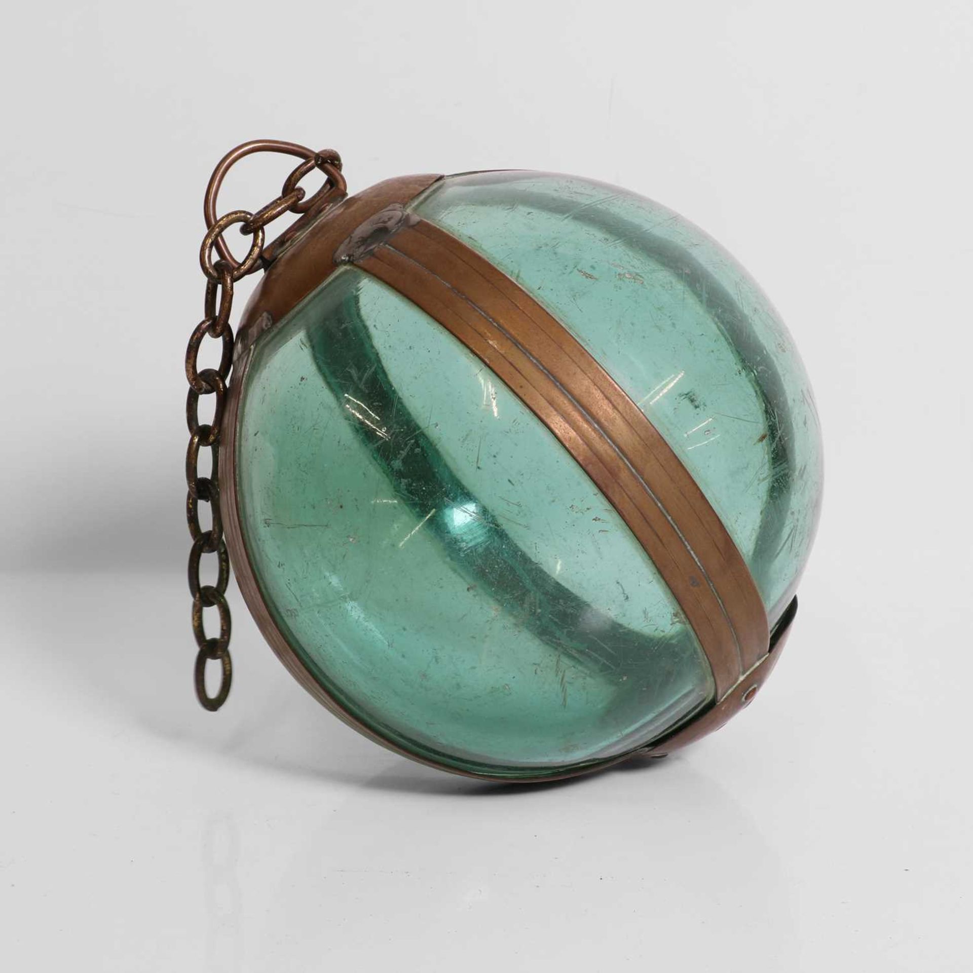 A brass-mounted pale-green glass buoy or fishing float, - Image 3 of 7
