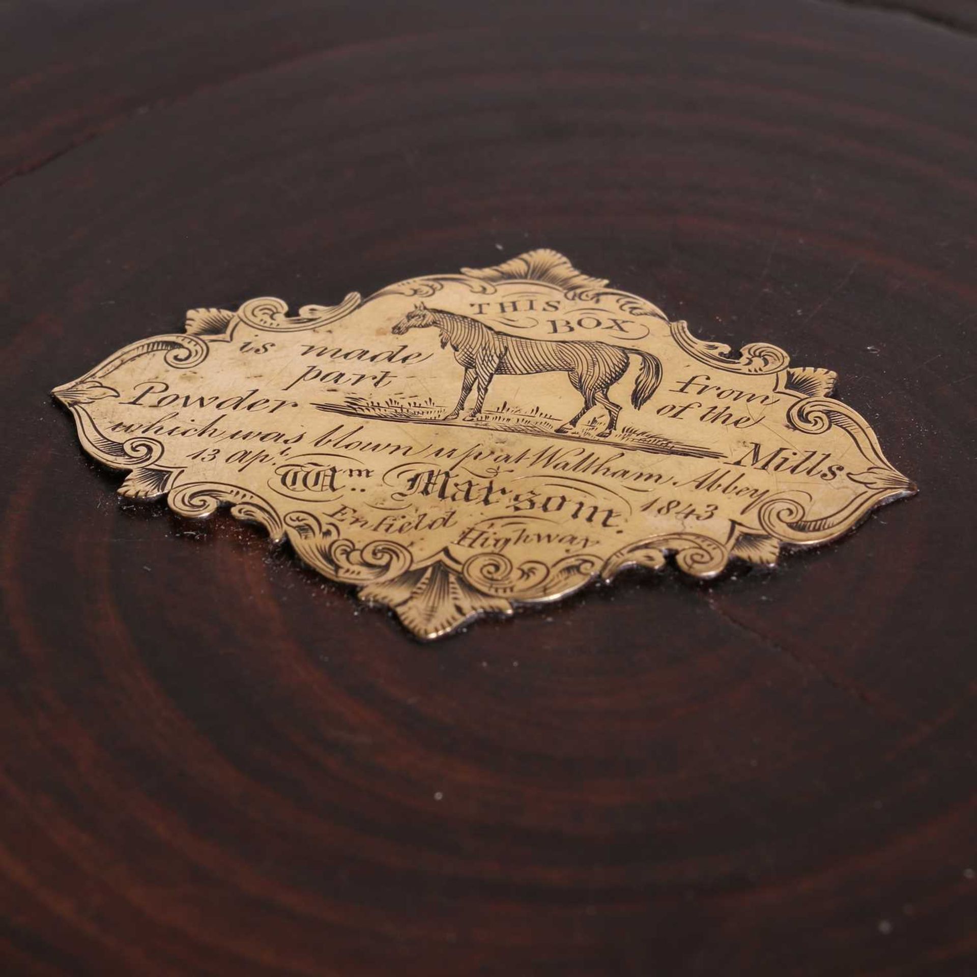 A gold-mounted lignum vitae turned commemorative 'Waltham Abbey 1843 Disaster' box, - Image 2 of 5