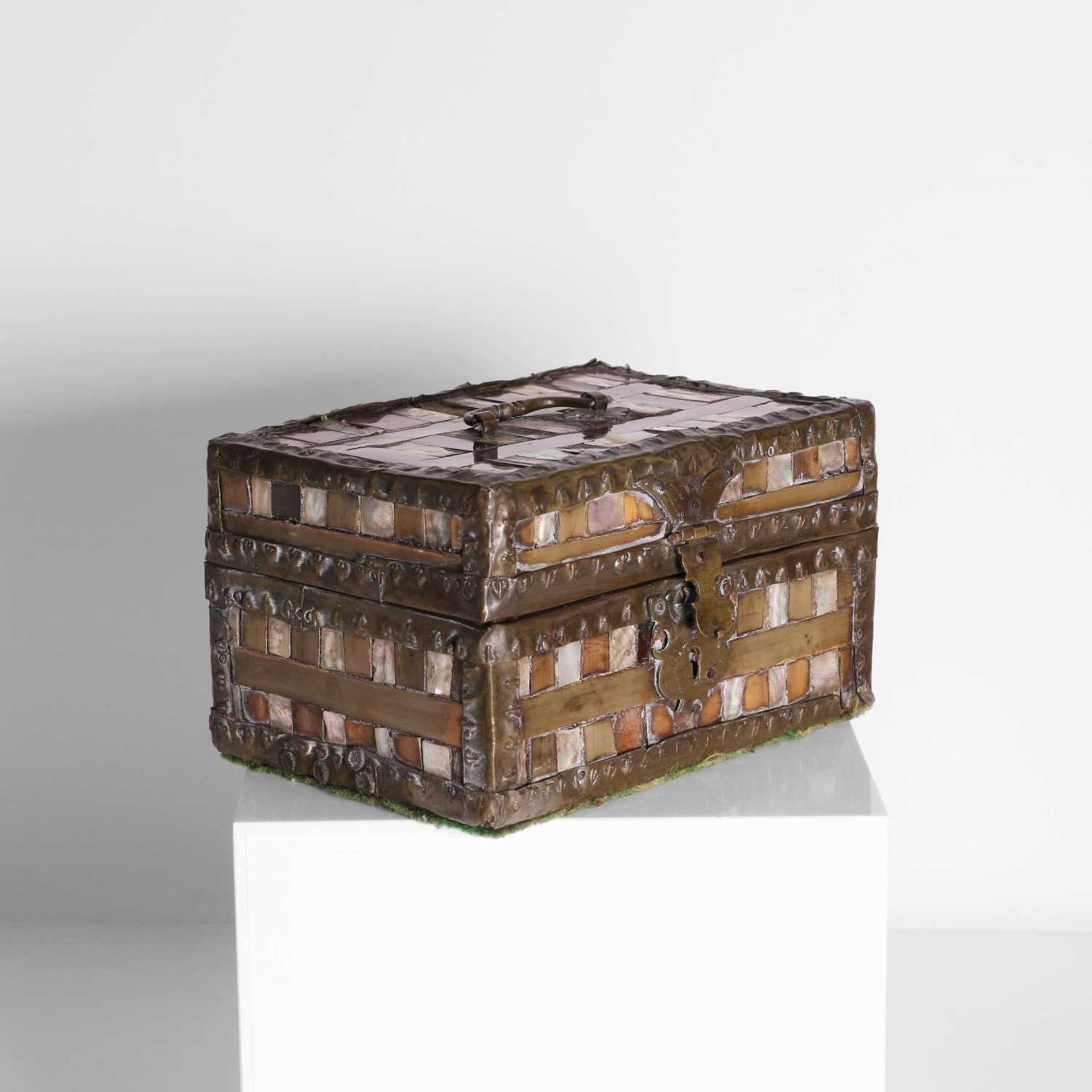 A brass, tortoiseshell, horn and mother-of-pearl box or casket, - Image 2 of 9