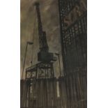 A mid-century painting of a scrapyard crane,