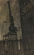 A mid-century painting of a scrapyard crane,