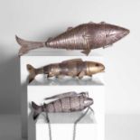 Two silver articulated fish,