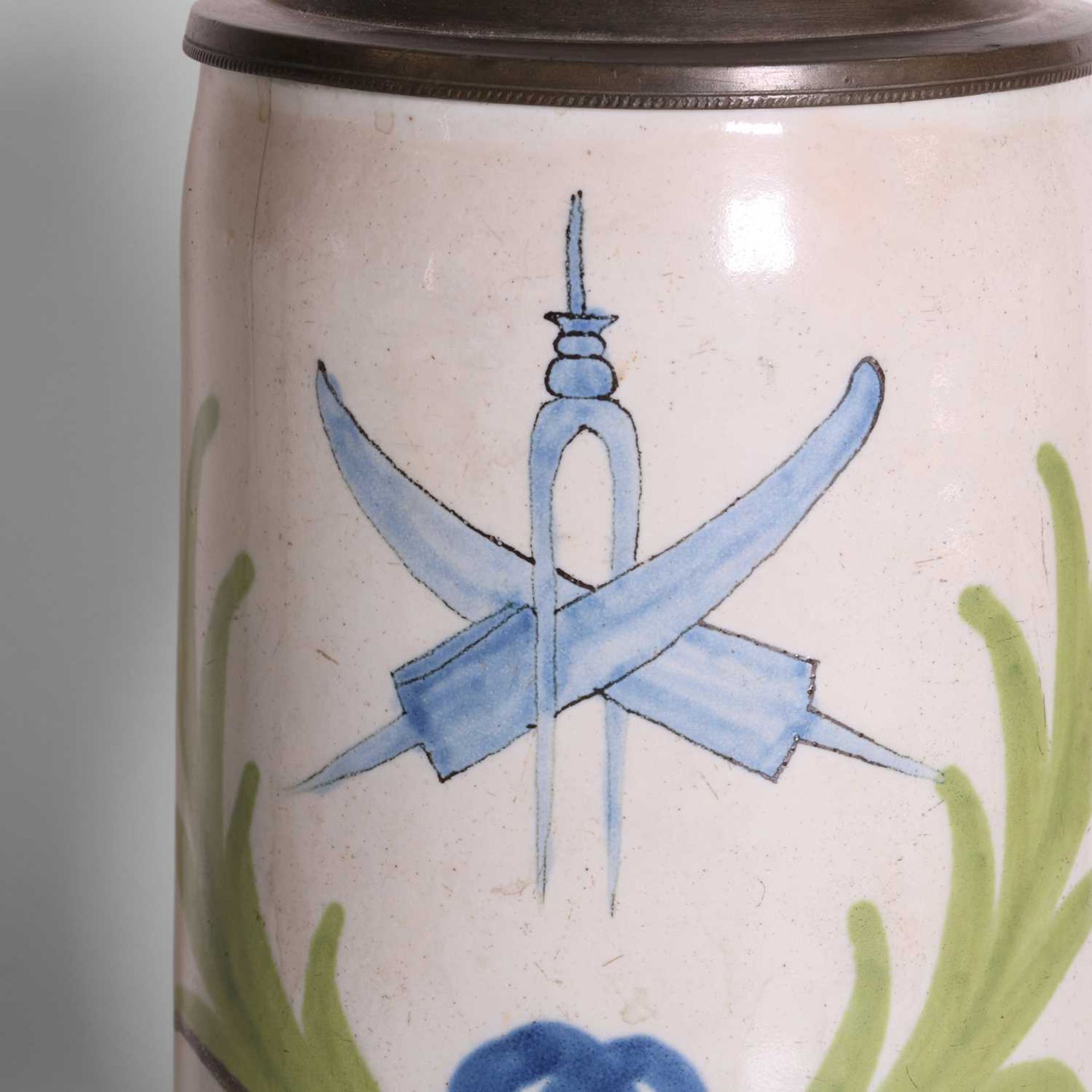 A cutler's pewter-mounted delft tankard, - Image 4 of 6