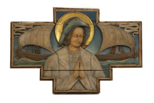 An Arts & Crafts carved polychrome wooden panel,