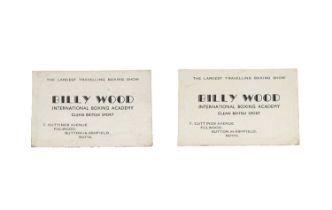 Two fairground trade cards for 'The Billy Wood International Boxing Academy',