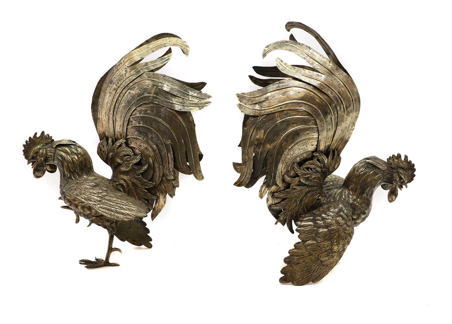 A pair of silvered fighting cockerels - Image 2 of 5