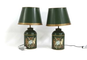 A pair of painted toleware lamps,