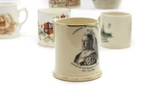 A collection of Victorian Jubilee pottery mugs