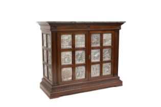 A mahogany and marble top cabinet