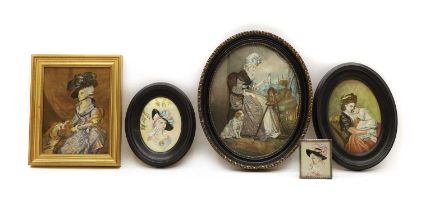 A group of five embroidered and painted portraits