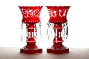 A pair of flashed ruby glass table lustres