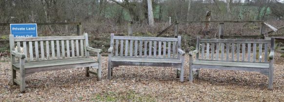 Three Barlow & Tyrie teak garden benches,