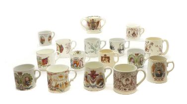 A collection of commemorative pottery mugs