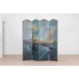 A painted canvas four-leaf screen,