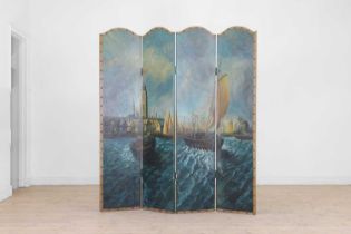 A painted canvas four-leaf screen,