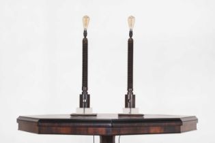 A pair of turned wooden wine-press column lamps,