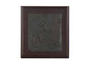 A large carved oak and painted bas-relief panel,