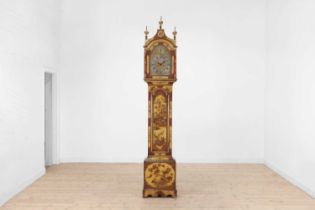 A George III-style yellow, scarlet an gilt-japanned longcase clock,