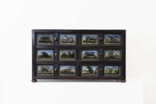 A baroque walnut, ebonised and verre églomisé table cabinet,