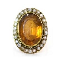 A citrine and split pearl oval cluster ring,