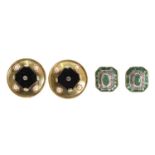 Two pairs of gold gemstone set stud earrings,